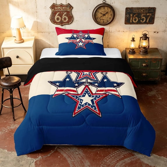 Manfei Retro Hanging Star Twin Comforter Sets, American Flag Stripe Bedding Set, Red White Blue, Black Reversible 2 Pieces, 1 Comforter and 1 Pillowcase