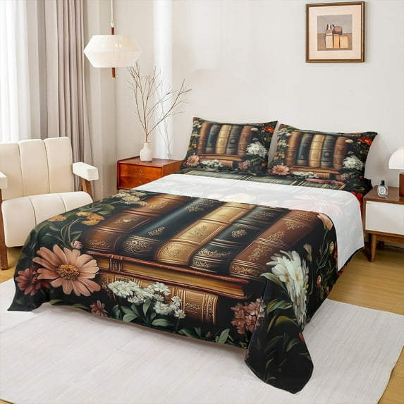 Manfei Retro Hippie Bohemian Twin Sheet Sets for Teens, Retro Mid Century Books Twin Fitted Sheet, Mandala Groovy Flower Flat Sheet, Breathable Home Decor, 3-Piece