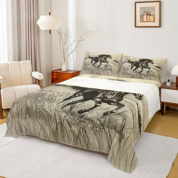 Manfei Retro Horse Bed Sheets,Rustic Western Farmhouse King Sheets,Beige Black Sheet Set For Men Women,Ultra Soft Home Decor,4pcs