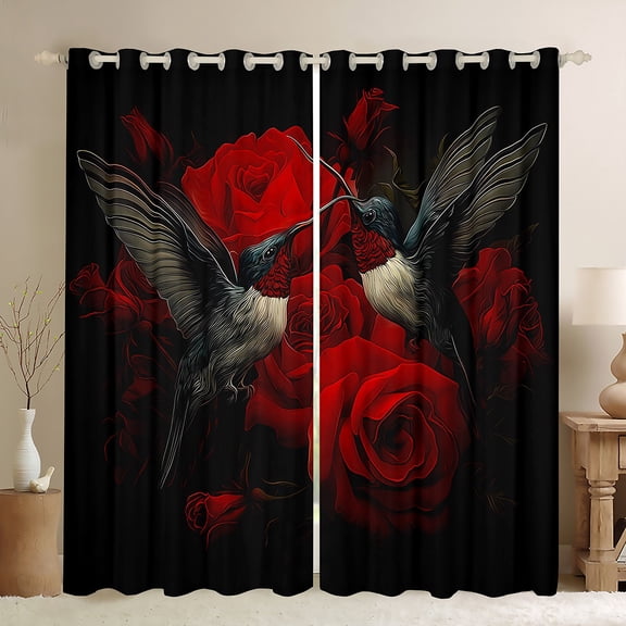 Manfei Retro Hummingbird Blackout Curtains Set of 2 (52x84 Each), Vintage Rose Window Curtains, Animal Flower Curtains and Drapes, Luxury Home Decor