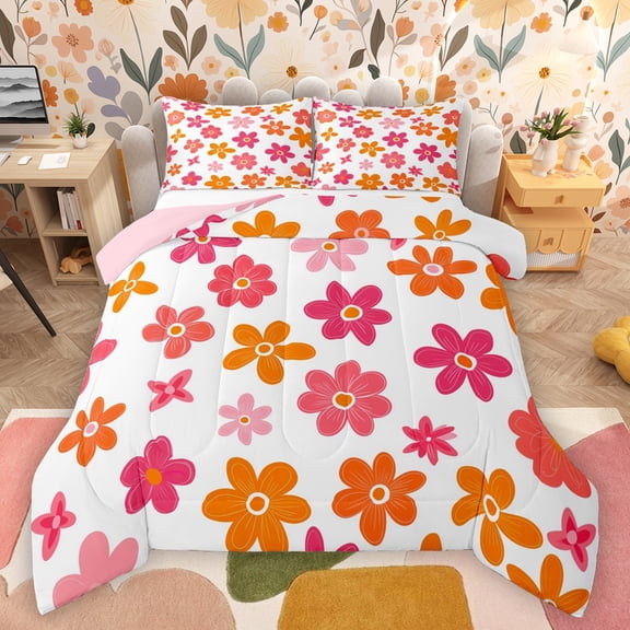 Manfei Retro Kawaii Flower Bedding Comforter Set,Cartoon Daisy Blossom Twin Comforter Sets,Pink Cartoon Floral Bedding Set For Girls Kids,Super Cozy Room Decor Reversible,2 Pieces