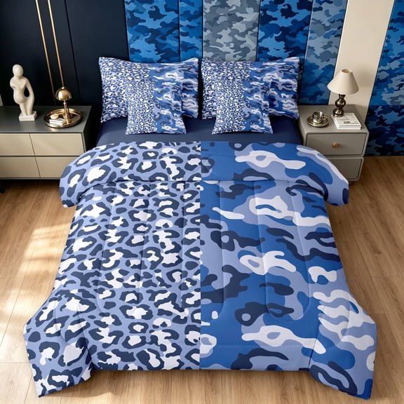Manfei Retro Leopard Animal Print Full Size Bedding Sets, Old Fashion Camo Full Size Bed in a Bag, Ocean Blue, Blue Reversible, 7 Pieces