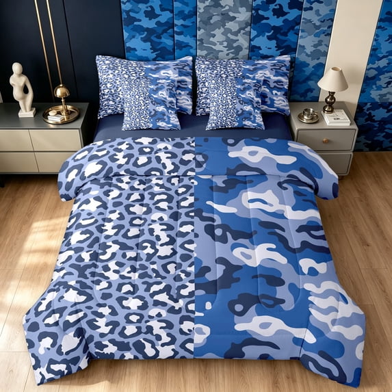 Manfei Retro Leopard Animal Print King Bedding, Old Fashion Camo King Bed in a Bag, Ocean Blue, Blue Reversible, 7 Pieces
