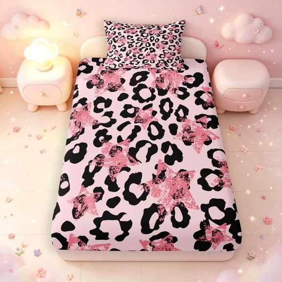 Manfei Retro Leopard Print Fitted Sheet Queen,Hippie Pink Stars Bedding,3pcs