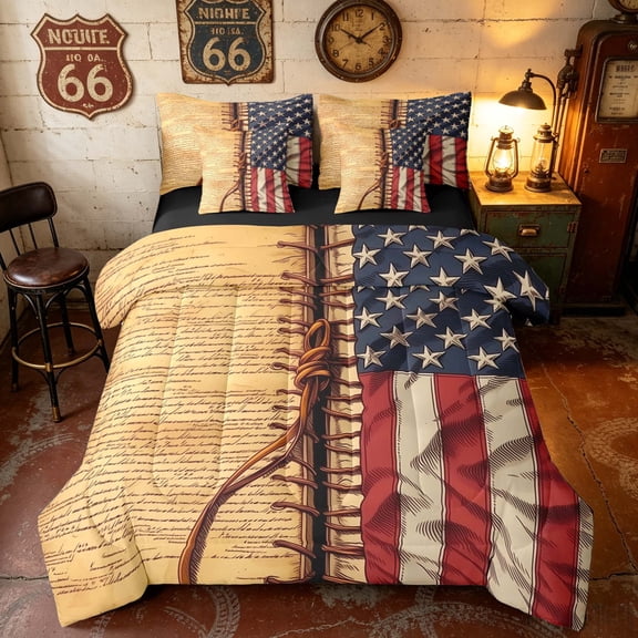 Manfei Retro Manuscript Twin Bedding, Vintage US Flag Bedding Comforter Set, Red White Blue, Black Reversible 7 Pieces
