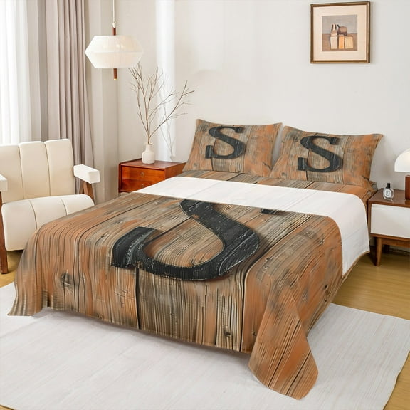 Manfei Retro Monogrammed Twin Sheet Sets 3 Pieces, Vintage Barn Door Twin Fitted Sheet, Vintage Lodge Cabin Flat Sheet, Lightweight Room Decor