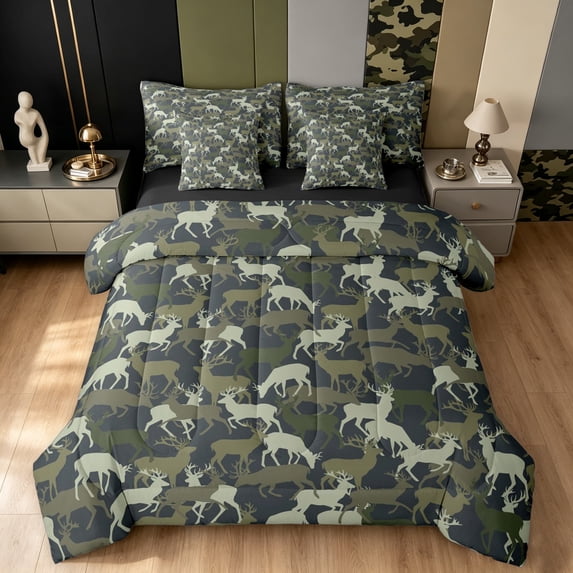 Manfei Retro Moose Deer Twin Bedding, Contemporary Art Camo Bedding Comforter Set, Olive Green, Black Reversible, 7 Pieces