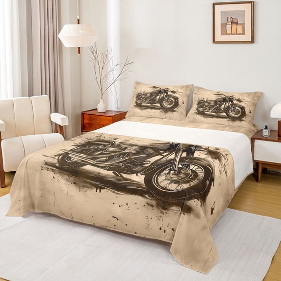 Manfei Retro Motocross Queen Sheets,Speed Games Queen Sheet Sets,Brown,4pcs,1 Flat Sheet, 1 Fitted Sheet and 2 Pillowcases