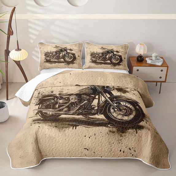 Manfei Retro Motocross Twin Quilt Set,Speed Games Twin Coverlet Set,Brown,2pcs