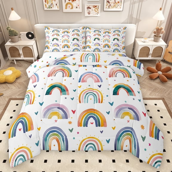 Manfei Retro Multicolor Rainbow Queen Comforter Set,Boho Style Bedding Sets,Colorful Heart Print Bedding Comforter Set For Kids,Luxury Bedroom Decor Reversible,3-Piece