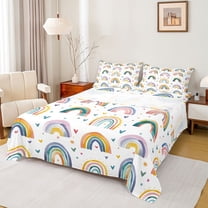 Manfei Retro Multicolor Rainbow Twin Sheet Sets,Boho Style Twin Fitted Sheet,Colorful Heart Print Flat Sheet For Kids,Luxury Bedroom Decor,3 Pieces