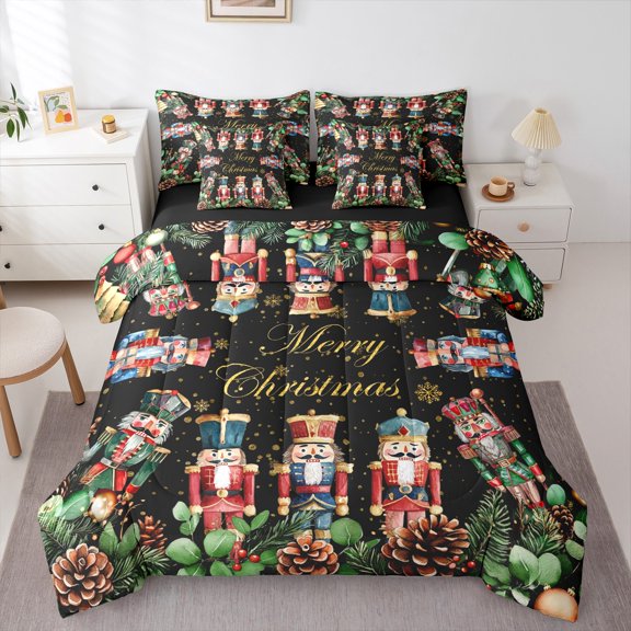 Manfei Retro Nutcracker Soldier Bedding Comforter Set 7-Piece，Merry Christmas King Bedding Sets,Rustic Pine Cone Bed Sheets For Girls,,Microfiber Bedroom Decor Reversible