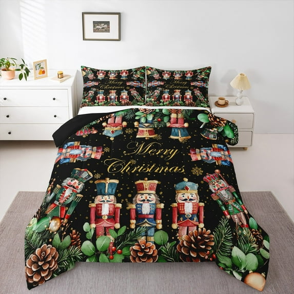 Manfei Retro Nutcracker Soldier Full Size Bedding Sets,Merry Christmas Bedding Comforter Set,Rustic Pine Cone For Girls,Microfiber Bedroom Decor Reversible,3-Piece