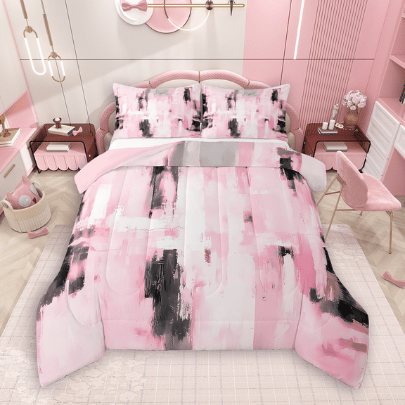 Manfei Retro Oil Painting Bedding Comforter Set 2pcs, Abstract Watercolor Art Twin Comforter Sets, Pink Ombre Bedding Set, Breathable Home Decor