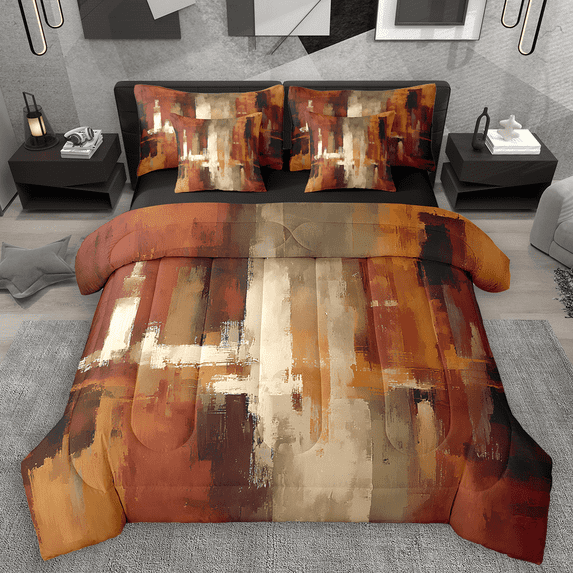 Manfei Retro Oil Painting Bedding Comforter Set 7 Pieces, Abstract Watercolor Art Queen Bedding Sets, Brown Beige Ombre Queen Sheet Sets, Lightweight Room Decor