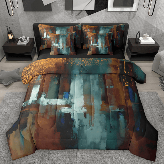 Manfei Retro Oil Painting Bedding Comforter Set 7 Pieces, Abstract Watercolor Art Queen Bedding Sets, Teal Brown Ombre Queen Sheet Sets, Microfiber Bedroom Decor