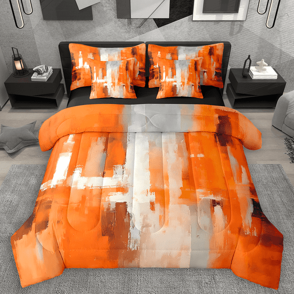 Manfei Retro Oil Painting Bedding Comforter Set 7pcs, Abstract Watercolor Art King Bedding Sets, Orange Ombre Bed Sheets, Lightweight Room Decor