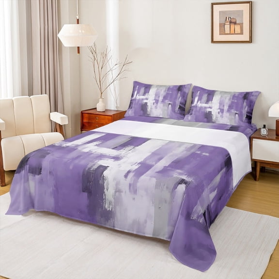 Manfei Retro Oil Painting Full Size Sheets 4-Piece, Abstract Watercolor Art Bed Sheets, Purple Gray Ombre Sheet Sets, Super Cozy Room Decor