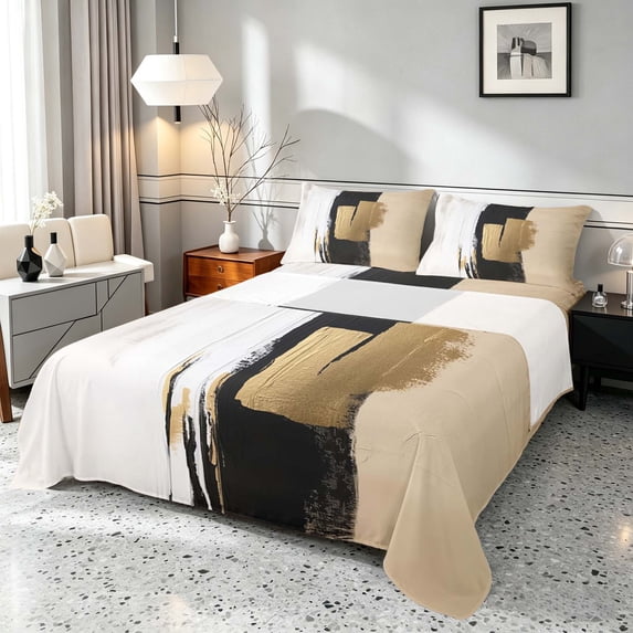 Manfei Retro Oil Painting Queen Sheets, Black White Gold Ombre Queen Sheet Sets, Black Reversible 4 Pieces1 Flat Sheet + 1 Fitted Sheet + 2 Pillowcases