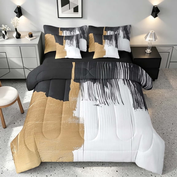Manfei Retro Oil Painting Twin Bedding, Black Gold White Ombre Bedding Comforter Set, Black Reversible 7pcs