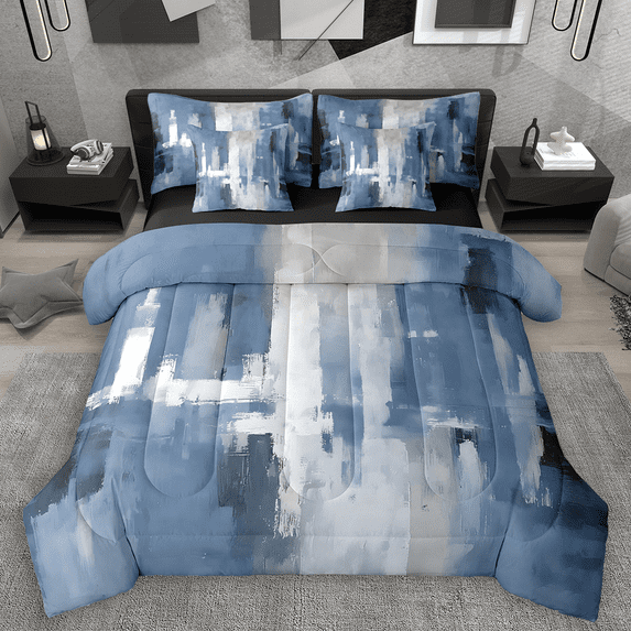 Manfei Retro Oil Painting Twin Bedding Sets 7pcs, Abstract Watercolor Art Bedding Comforter Set, Blue Gray Ombre Sheet Sets, Luxury Bedroom Decor