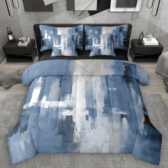 Manfei Retro Oil Painting Twin Bedding Sets 7pcs, Abstract Watercolor Art Bedding Comforter Set, Blue Gray Ombre Sheet Sets, Luxury Bedroom Decor