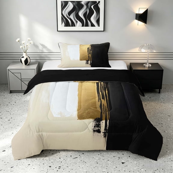 Manfei Retro Oil Painting Twin Comforter Sets, Beige Black White Ombre Bedding Set, Black Reversible 2pcs, 1 Comforter and 1 Pillowcase