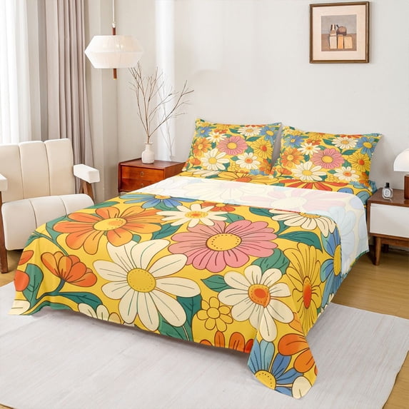 Homewish Retro Orange Flower Full Size Sheets, Cartoon Groovy Daisy Bed Sheets, Teens Kids Boys Girls Sheet Sets, Super Cozy Room Decor, 4-Piece