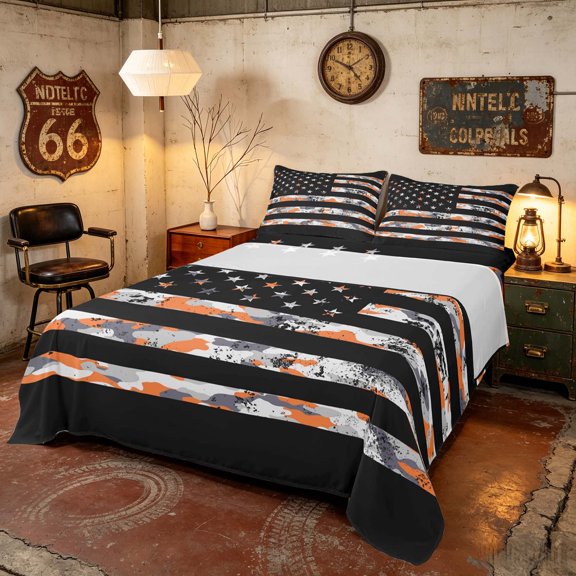 Manfei Retro Orange Gray Camo American Flag Bed Sheets, Bold Patriotic Fourth of July Full Size Sheets, Black Reversible 4 Pieces (1 Flat Sheet, 1 Fitted Sheet and 2 Pillowcases)