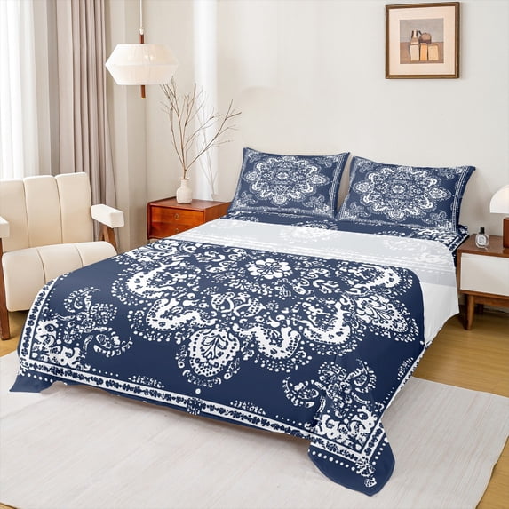 Manfei Retro Paisley Floral Queen Sheet Sets,Vintage Damsk Flat Sheet,White Blue Queen Fitted Sheet For Men Women,Super Cozy Room Decor,4-Piece