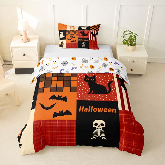 Manfei Retro Patchwork Halloween Print Twin Duvet Cover for All, Black Orange Ghost Cat Bat Twin Bedding, Halloween Reversible, 2 Pieces, 1 Duvet Cover and 1 Pillowcase
