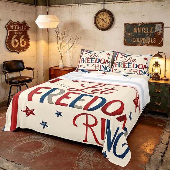 Manfei Retro Patriotic Bow Queen Sheets, Let Freedom Ring Print Queen Sheet Sets, Cream, Navy Reversible 4 Pieces (1 Flat Sheet, 1 Fitted Sheet and 2 Pillowcases)