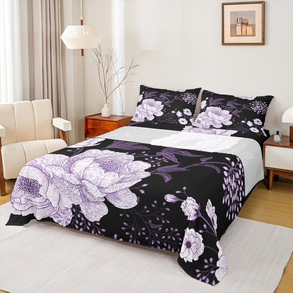 Manfei Retro Peony Bed Sheets 4 Pieces for Women Girls, Vintage Blossoms King Sheets, Tropical Floral Sheet Set, Black Purple Bedroom Decor