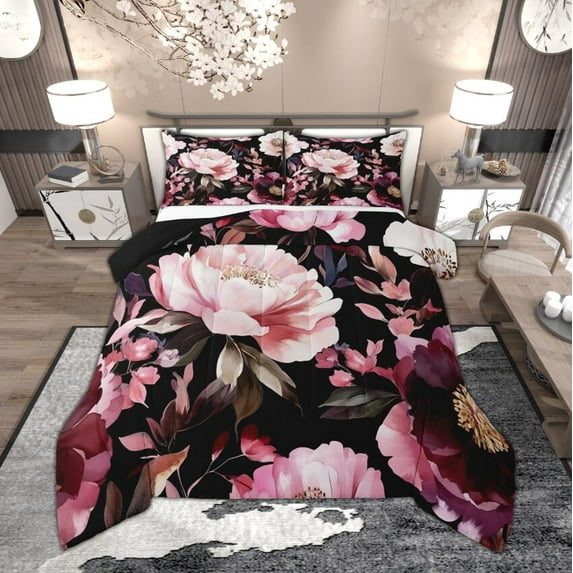 Manfei Retro Peony Queen Comforter Set for Women Girls, Vintage Blossoms Bedding Sets, Tropical Floral Bedding Comforter Set, Black Pink Bedroom Decor, Reversible 3-Piece