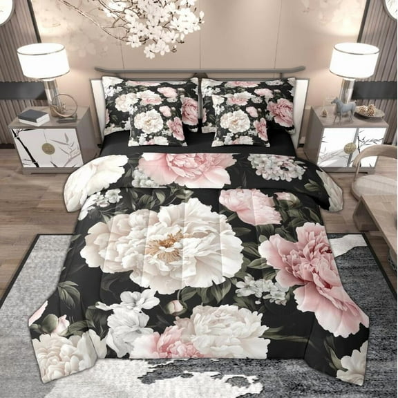 Manfei Retro Peony Twin Bedding Sets 7-Piece for Women Girls, Vintage Blossoms Bedding Comforter Set, Tropical Floral Sheet Sets, Pink Black Beige Bedroom Decor