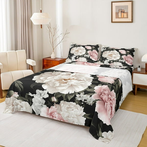 Manfei Retro Peony Twin Sheet Sets 3 Pieces for Women Girls, Vintage Blossoms Twin Fitted Sheet, Tropical Floral Flat Sheet, Pink Black Beige Bedroom Decor