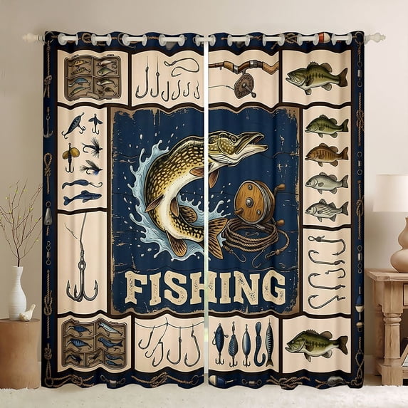 Manfei Retro Pike Fish Blackout Curtains Set of 2 (38x54 Each), Fishing Tool Print Living Room Curtains, Navy Beige Olive