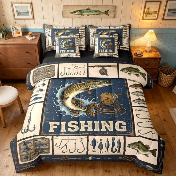 Manfei Retro Pike Fish Twin Bedding, Fishing Tool Print Bedding Comforter Set, Navy Beige Olive, Black Reversible, 7-Piece