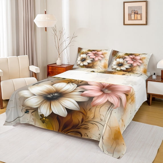 Manfei Retro Pink Flower Queen Sheet Sets 4 Pieces for Girls, Watercolor Floral, Gold Gray Ombre Queen Fitted Sheet, Ultra Soft Home Decor