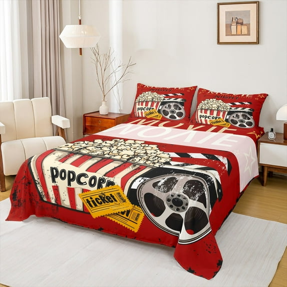 Manfei Retro Popcorn Cinema Bed Sheets,Moive Time King Sheets,Red Black Sheet Set For Kids,Ultra Soft Home Decor,4-Piece
