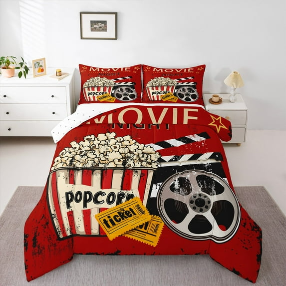 Manfei Retro Popcorn Cinema Full Size Comforter Sets,Moive Time Bedding Comforter Set,Red Black Bedding Sets For Kids,Ultra Soft Home Decor Reversible,3 Pieces