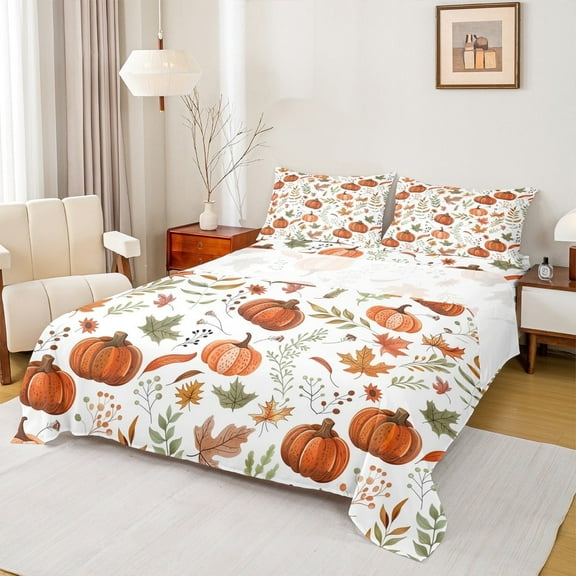 Manfei Retro Pumpkin Bed Sheets,Green Leaves King Sheets,Farm Lodge Sheet Set,Lightweight Bedroom Decorative,4pcs