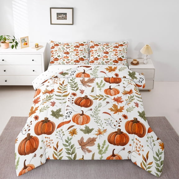 Manfei Retro Pumpkin Full Size Comforter Sets,Green Leaves Bedding Comforter Set,Farm Lodge Bedding Sets,Lightweight Bedroom Decorative Reversible,3-Piece