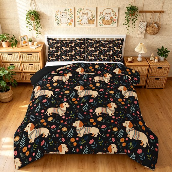Manfei Retro Puppy Full Size Comforter Sets, Botanical Blossom Bedding Comforter Set, Earthy Hue Black, Black Reversible, 3-Piece, 1 Comforter and 2 Pillowcases