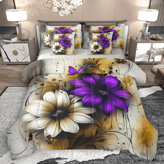 Manfei Retro Purple Flower Twin Bedding Sets 7pcs for Girls, Watercolor Floral, Gold Gray Ombre Sheet Sets, Luxury Bedroom Decor