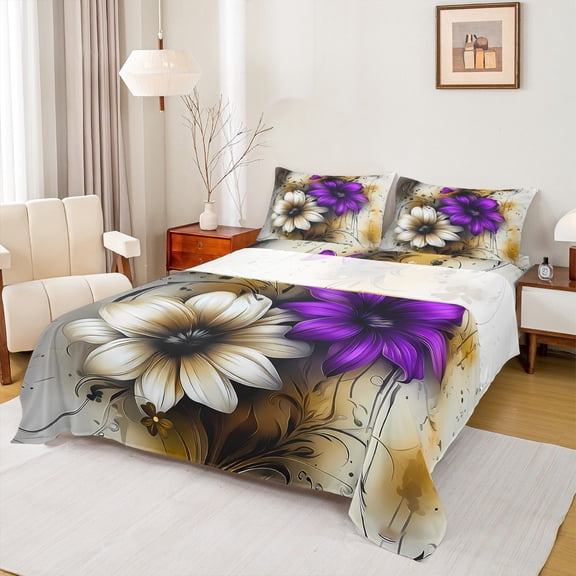 Manfei Retro Purple Flower Twin Sheet Sets 3pcs for Girls, Watercolor Floral, Gold Gray Ombre Flat Sheet, Luxury Bedroom Decor