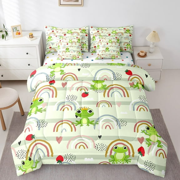 Manfei Retro Rainbow Bedding Comforter Set 7-Piece,Wild Animal Frog King Bedding Sets,Red Strawberry Bed Sheets For Boys Kids,Lightweight Bedroom Decor Reversible