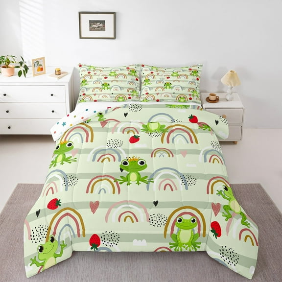 Manfei Retro Rainbow Queen Comforter Set,Wild Animal Frog Bedding Sets,Red Strawberry Bedding Comforter Set For Boys Kids,Lightweight Bedroom Decor Reversible,3pcs