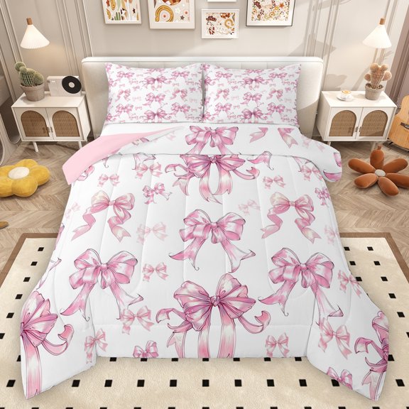 Manfei Retro Ribbon Bowtie Full Size Comforter Sets,Kawaii Bow Knot Bedding Comforter Set,White Pink Bedding Sets For Kids,Super Cozy Room Decor Reversible,3-Piece