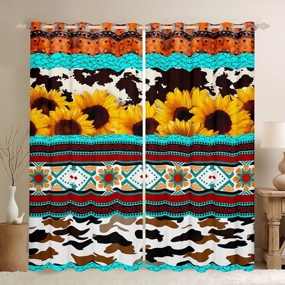 Manfei Retro Rustic Aztec Black Out Curtains,Farm Cattle Hide Curtains Pack of 2 (42x63 Each),Rustic Flower Floral Bedroom Curtains For Boys Kids,Breathable Home Decor
